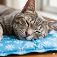 Cat sleeping on a blue blanket with snowflake patterns
