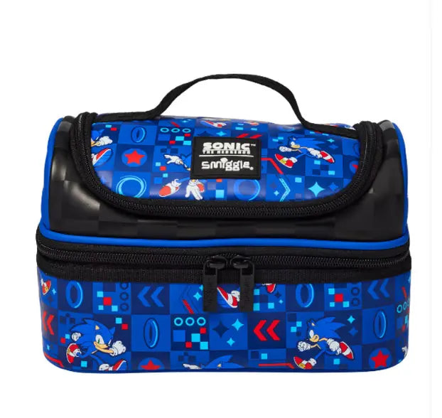 Blue Sonic kids lunch bag with black trim and dual zip


