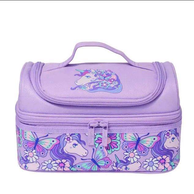 Purple lunch bag with unicorn and butterfly print