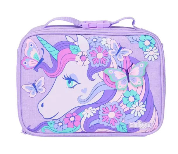 Purple lunch bag with floral unicorn and butterfly print