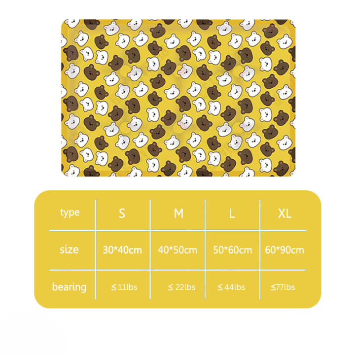 Yellow mat with bear pattern and size chart on a white background