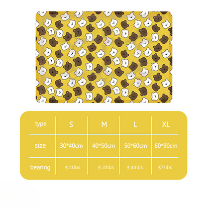 Yellow mat with bear pattern and size chart on a white background