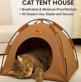 Brown cooling cat tent with sleeping tabby inside, labeled with breathable and moisture-proof features