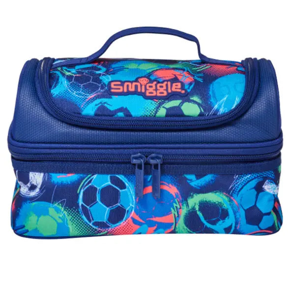 Blue soccer print kids lunch bag with Smiggle logo

