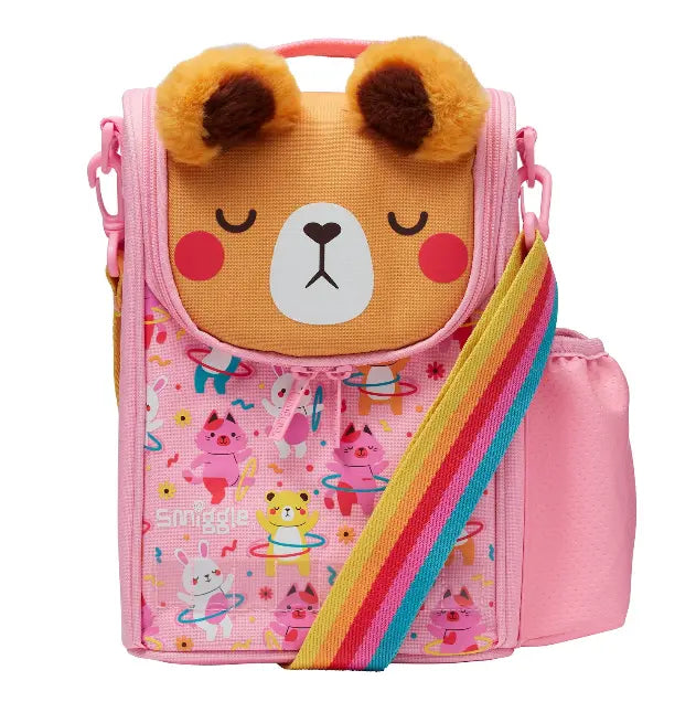 Kids bear lunch bag with rainbow strap and pink pouch for school
