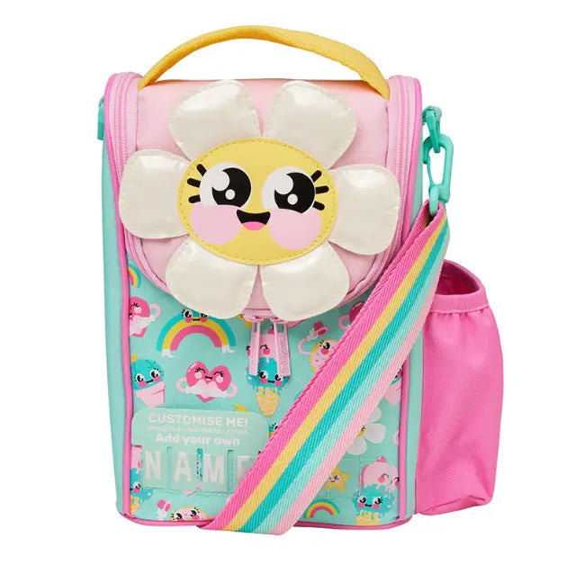 Kids pink flower lunch bag with rainbow strap for school