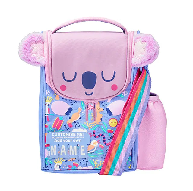 Kids koala lunch bag with pink pouch and rainbow strap for school