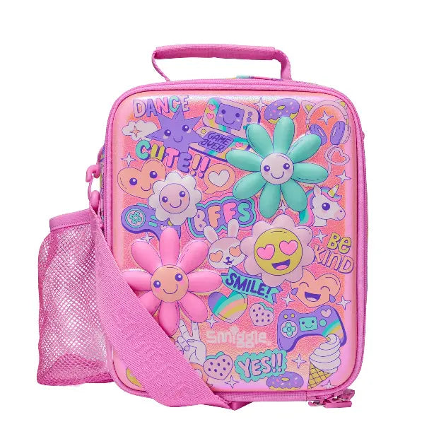 Kids pink lunch bag with 3D flower and cute cartoon text prints