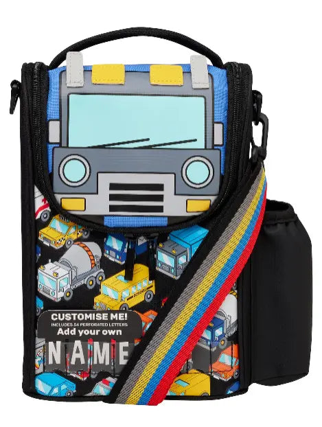 Kids black truck lunch bag with rainbow strap