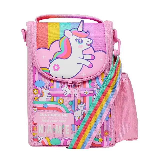 Kids unicorn lunch bag with rainbow strap and pink bottle holder