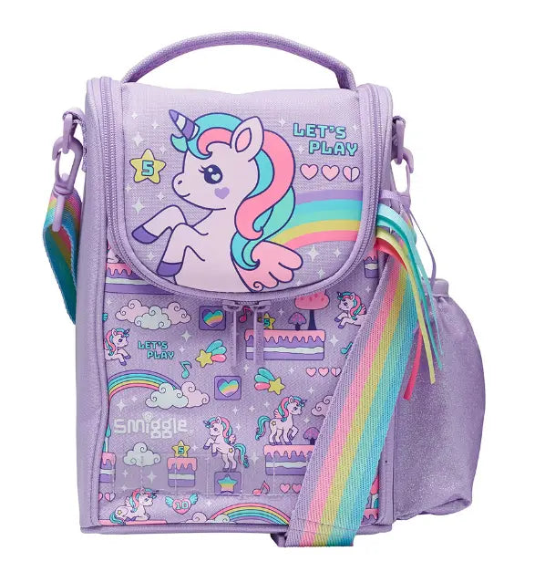 Kids purple unicorn lunch bag with rainbow strap