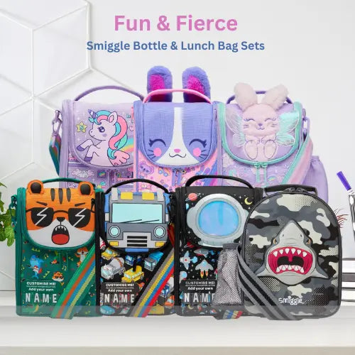 Smiggle kids lunch bags and bottles with animal and space cartoon designs on white backdrop