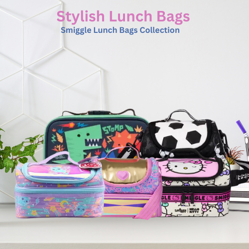 Colorful girls lunch bags collection with Hello Kitty, unicorn, and soccer themes on a white background for school